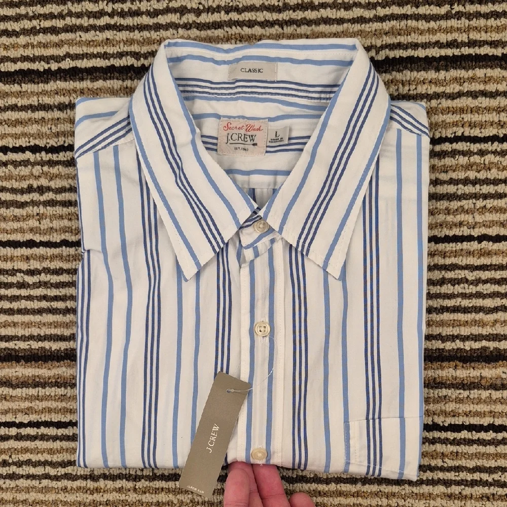 J CREW Secret Wash White Blue Striped Cotton Mens Large Short Sleeve Shirt NEW - Picture 1 of 9